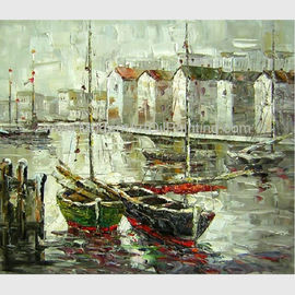 Pintura al óleo pintada a mano brillante de los barcos durante la bajamar, arte abstracto moderno de la lona