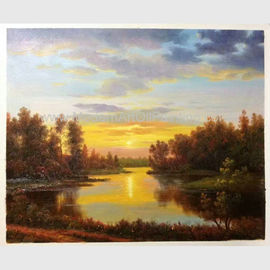 Pintura de paisaje clásica de la puesta del sol del paisaje de la pintura al óleo de la naturaleza con la corriente
