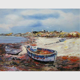 Pinturas al óleo pintadas a mano de los barcos de pesca, pintura abstracta de la lona en la playa