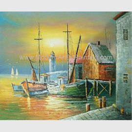 Puerto de la pintura al óleo de los barcos de Sailling, pintura de paisaje moderna de la puesta del sol